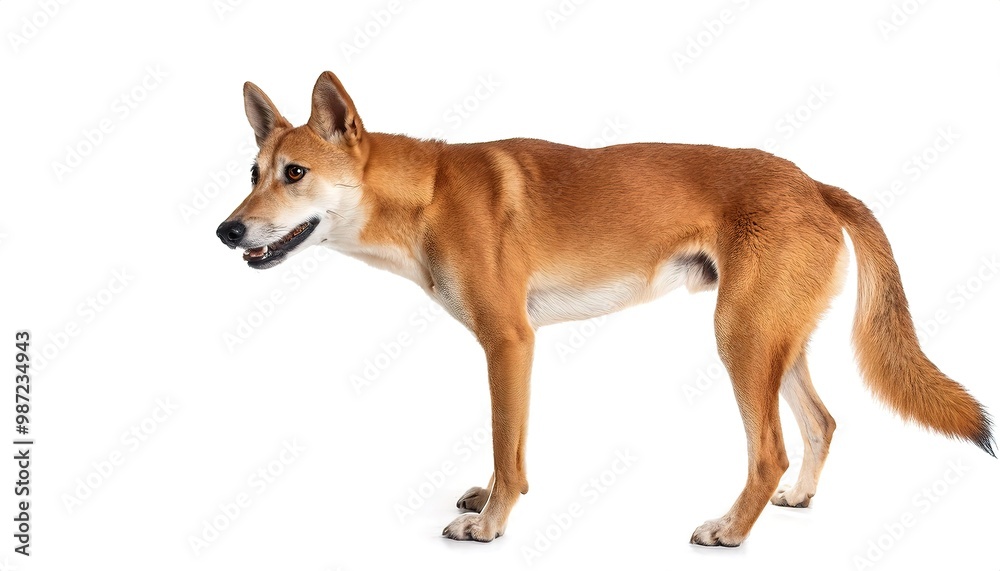 Dingo - Canis familiaris dingo, or Canis lupus dingo - is an ancient lineage of wild dog found in Australia. Isolated on white background with copy space. standing side profile view Dingo - Canis familiaris dingo, or Canis lupus dingo - is an ancient lineage of wild dog found in Australia. Isolated on white background with copy space. standing side profile view