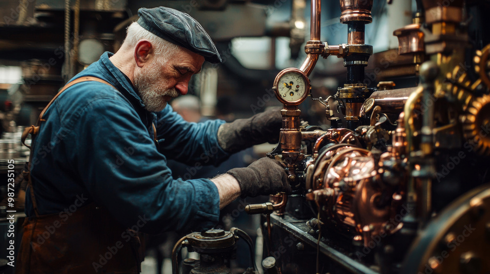 A man in a blue shirt and hat is working on a machine A man in a blue shirt and hat is working on a machine