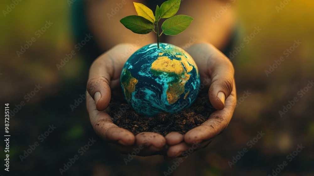 Hands cradling a small globe with leaves growing from it, symbolizing the interconnectedness of humans and nature in ecological efforts. Hands cradling a small globe with leaves growing from it, symbolizing the interconnectedness of humans and nature in ecological efforts.