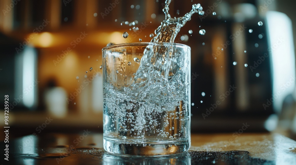 Slow-motion shot of water pouring into a glass, droplets splashing in mid-air as the glass fills up, with a blurred kitchen in the background Slow-motion shot of water pouring into a glass, droplets splashing in mid-air as the glass fills up, with a blurred kitchen in the background