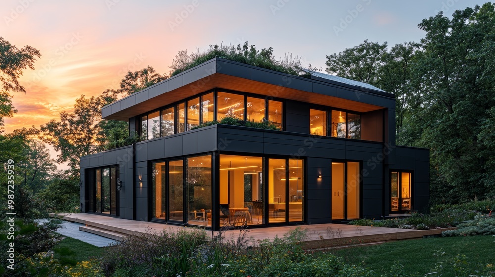 Contemporary cube home with modular levels, large windows, rooftop plants, solar panels integrated into the sleek design, twilight setting Contemporary cube home with modular levels, large windows, rooftop plants, solar panels integrated into the sleek design, twilight setting