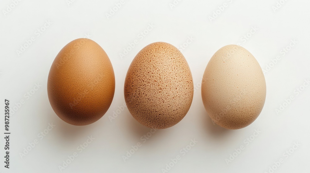 Three eggs of varying shades of brown arranged in a diagonal line on a seamless white background, emphasizing natural color variations Three eggs of varying shades of brown arranged in a diagonal line on a seamless white background, emphasizing natural color variations