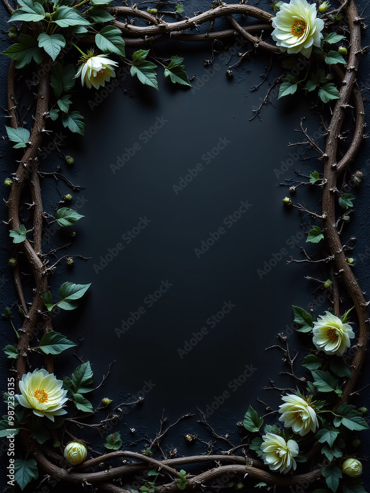 custom made wallpaper toronto digital
Gothic dark fantasy background bordered with dry branches, thorns, ivy and light green flowers. Worn old grunge black background framed by ugly dead branches and thorns. pop color contrast