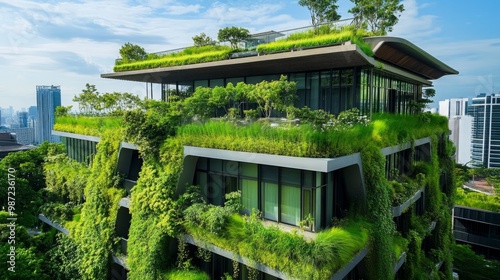 Aerial View of Green Urban Architecture with Rooftop Gardens