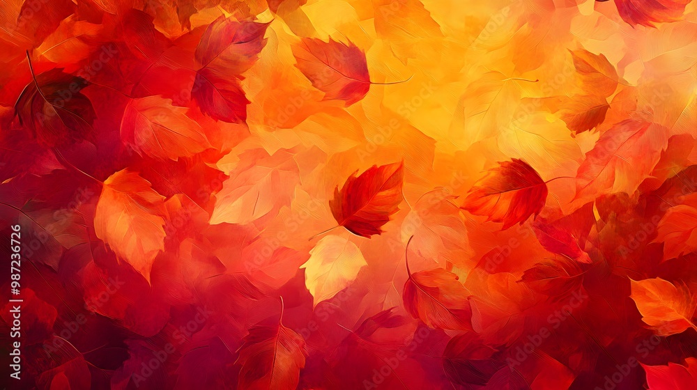 A digital painting depicting autumn leaves in various shades of red, orange, and yellow on an abstract background A digital painting depicting autumn leaves in various shades of red, orange, and yellow on an abstract background