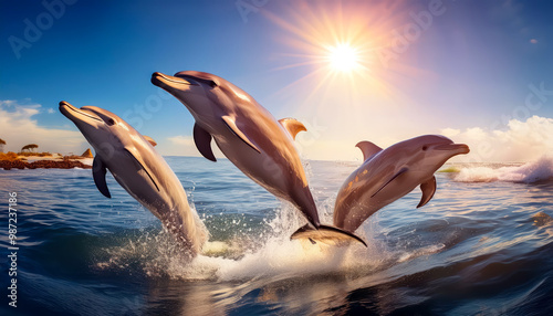 A sleek dolphin leaps gracefully from the sparkling ocean, its body racing in the sunlight