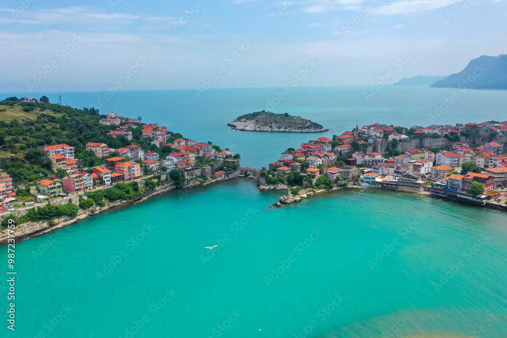 Fototapeta premium Beautiful cityscape on the mountains over Black-sea, Amasra. Amasra traditional Turkish architecture