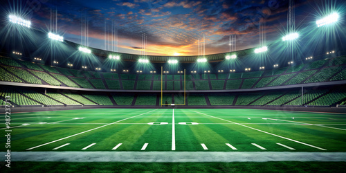 American football field with green grass, yard markers, goal posts, and team logos, sports, athletics, game