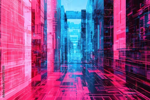 A futuristic digital landscape featuring vibrant blue and pink hues, resembling a corridor filled with data streams and technology.