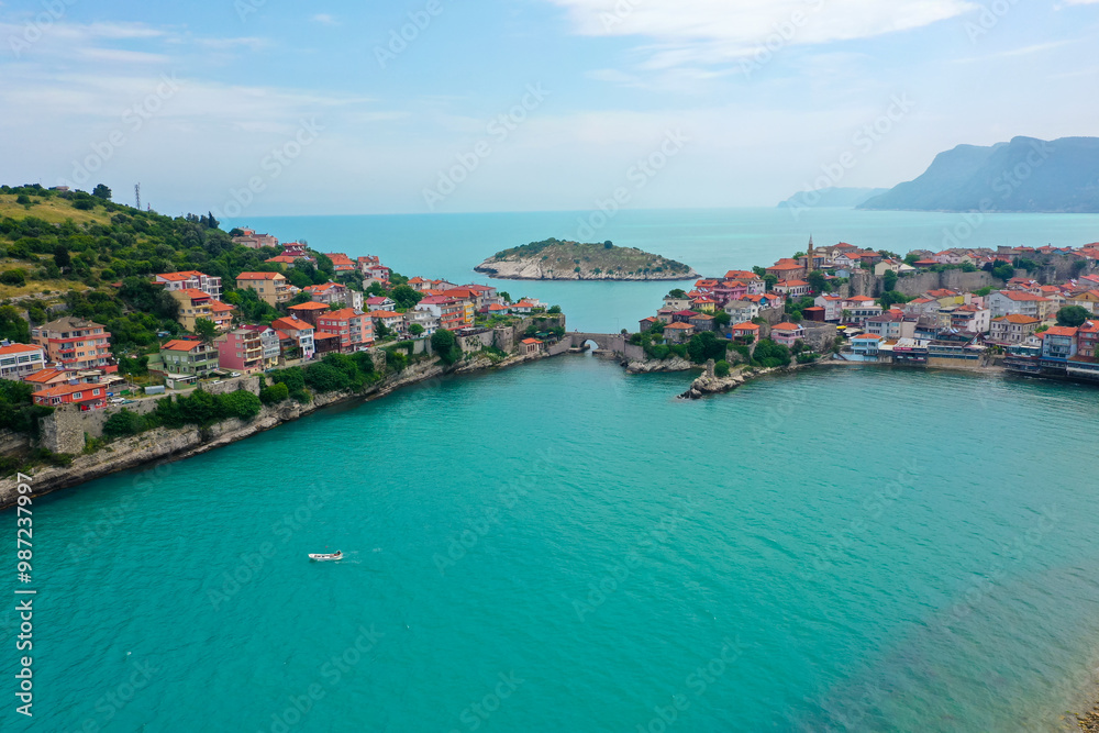 Fototapeta premium Beautiful cityscape on the mountains over Black-sea, Amasra. Amasra traditional Turkish architecture