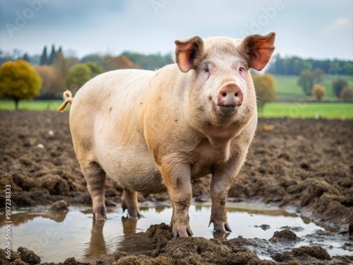 In a muddied field, a substantial domestic pig thrives, its massive stomach stretching its short torso, its snout photo