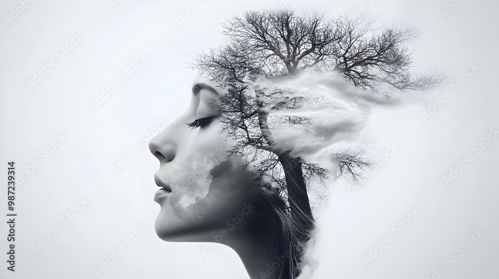 Ethereal Silhouette Double Exposure Abstract Portrait with Overlapping Nature Elements Ethereal Silhouette Double Exposure Abstract Portrait with Overlapping Nature Elements