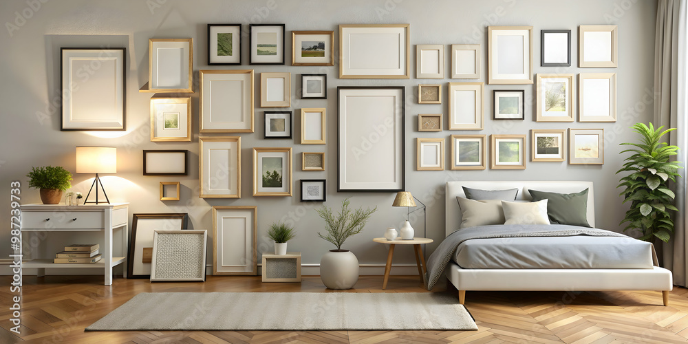 Fototapeta premium Frame mockup of various sizes and styles displayed on a bedroom wall art gallery , wall decor, interior design, artwork