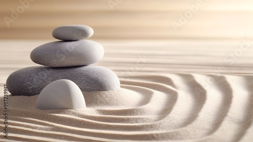 Zen Garden Still Life with Smooth Rocks and Raked Sand in Minimalist Neutral Palette