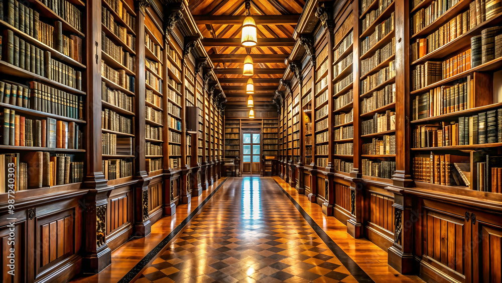 custom made wallpaper toronto digitalVintage library aisle with rows of old books and wooden bookshelves filled with knowledge and history, Vintage