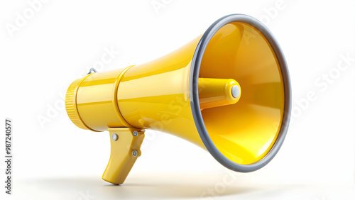 A bright yellow megaphone isolated on a white background, yellow, megaphone, communication, loud, announcement, tool photo