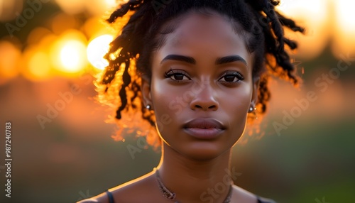 Sunset selfie of young African American woman in stunning outdoor landscape