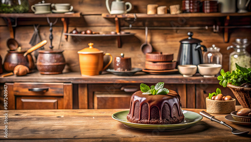 Vintage rustic kitchen with chocolate ganache dessert in cozy setting, old-fashioned charm , vintage, rustic, kitchen photo