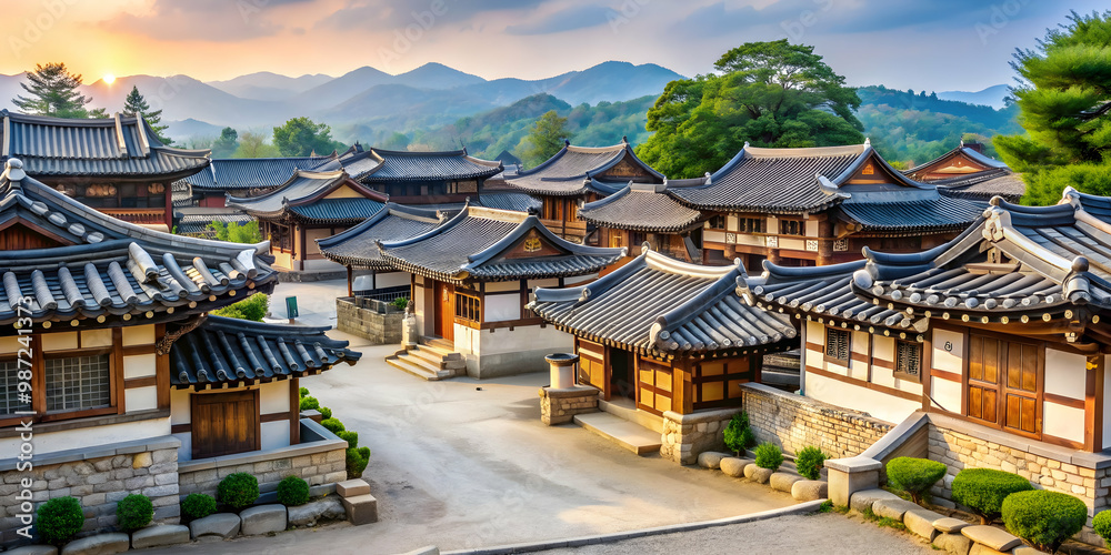 Naklejka premium Traditional Korean village with well-preserved hanok houses, Korea, architecture, heritage, history, culture, village