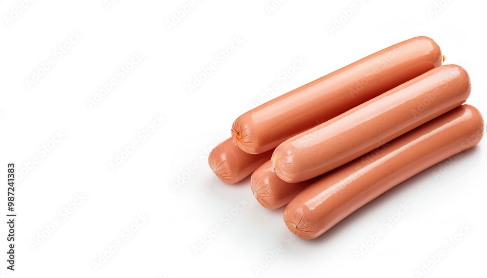 Raw uncooked Hot dog, Weiner, sausage, frankfurter, is a dish consisting of a grilled, steamed, or boiled sausage served in the slit of a partially sliced bun. Isolated on white background Raw uncooked Hot dog, Weiner, sausage, frankfurter, is a dish consisting of a grilled, steamed, or boiled sausage served in the slit of a partially sliced bun. Isolated on white background