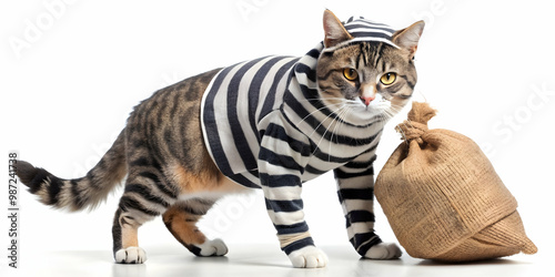 A mischievous cat dressed as a burglar, sneaking around with a bag of stolen goods , criminal, feline