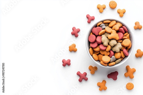 Dry Pet Food in Various Colors and Shapes in Bowl with Scattered Pieces on Clean White Background, Symbolizing Variety and Complete Nutrition