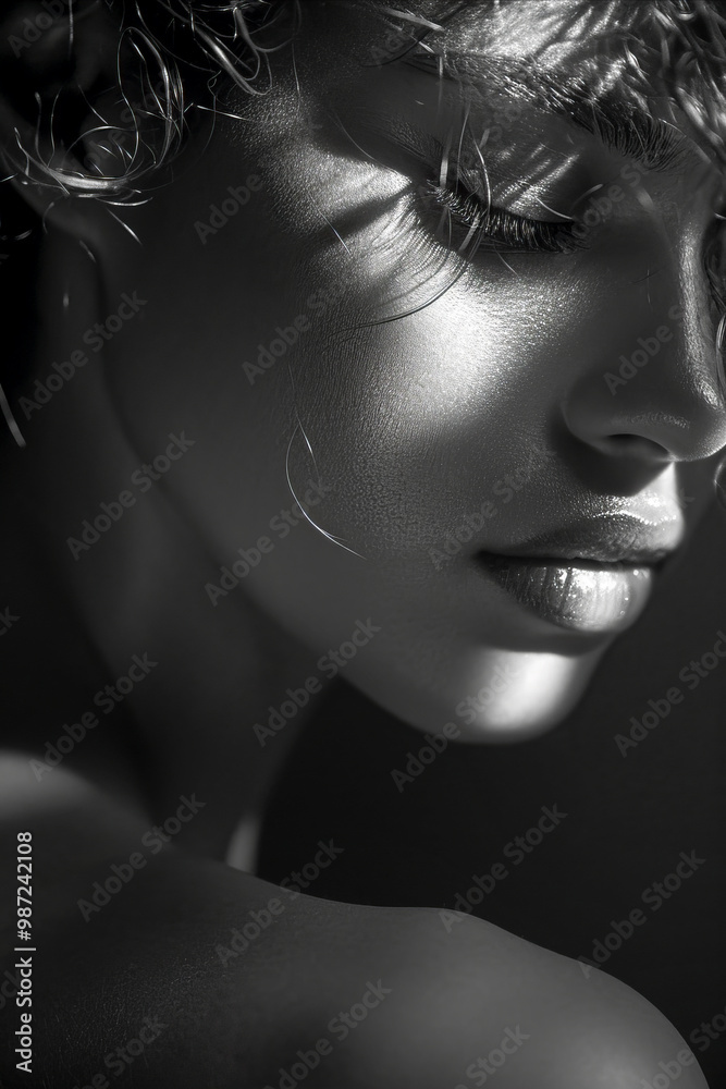 Elegant Black and White Close-up of Woman’s Face in Dramatic Lighting