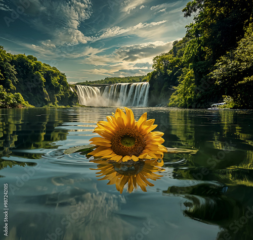 Ofrenda a Oshún en el río con girasol photo