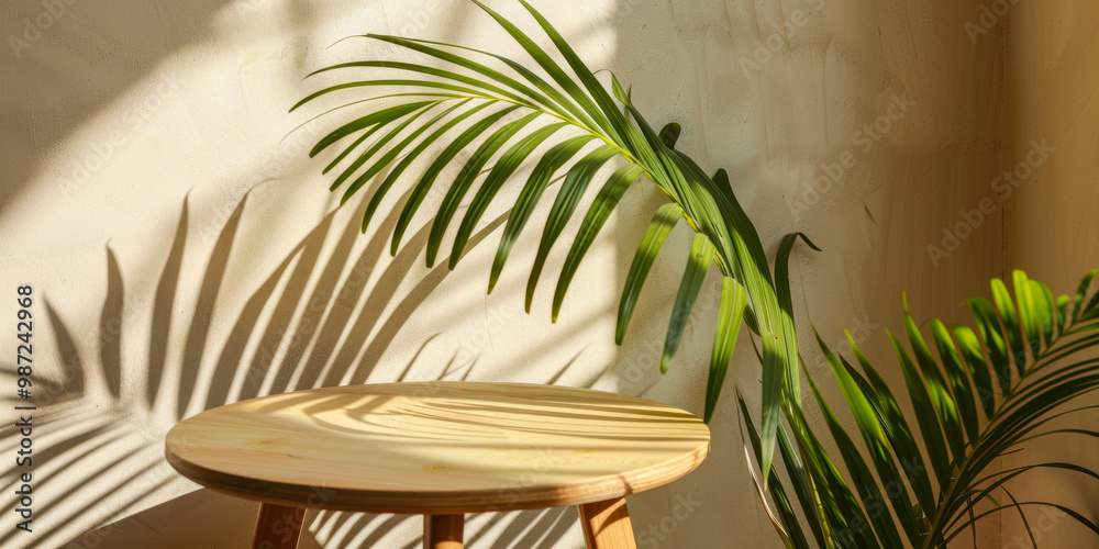 Obraz premium Sunlight shadows on a stool and plants