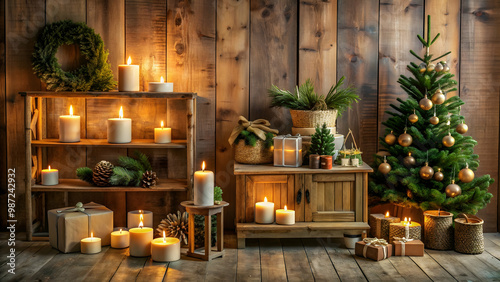 Decorative rustic Christmas decor with wooden furniture, candel lights, and minimalistic objects