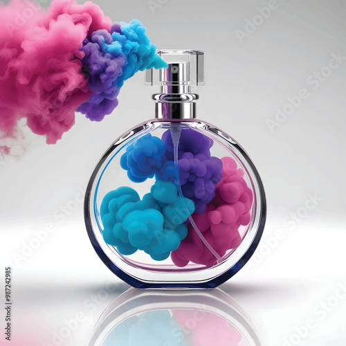 perfume bottle transparent pink purple blue gradient color smoke like fragrance coming out