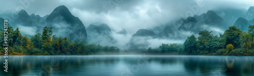 Serene Reflections: Tranquil lake mirrors misty mountains in a symphony of nature's beauty, inviting contemplation and peace. 