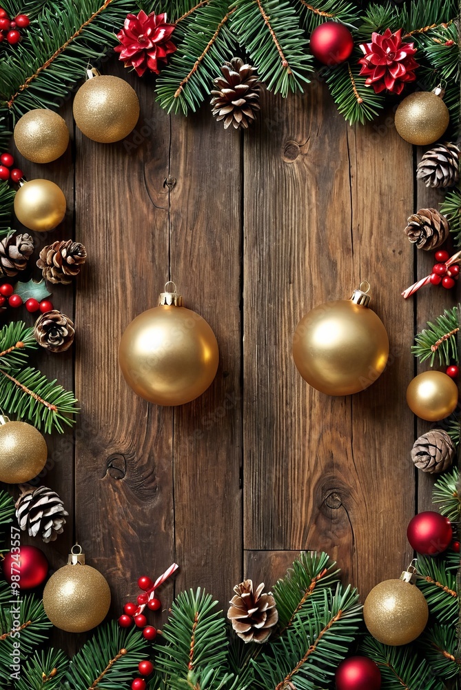 Christmas ornaments, golden baubles, evergreen branches, pine cones, red berries, rustic wooden background, festive wreath, holiday decorations, warm glow, vintage style, vertical composition, natural Christmas ornaments, golden baubles, evergreen branches, pine cones, red berries, rustic wooden background, festive wreath, holiday decorations, warm glow, vintage style, vertical composition, natural