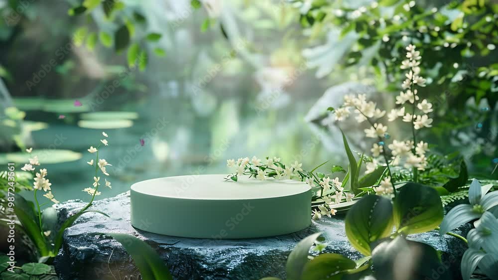 Circular platform amidst greenery and flowers Circular platform amidst greenery and flowers