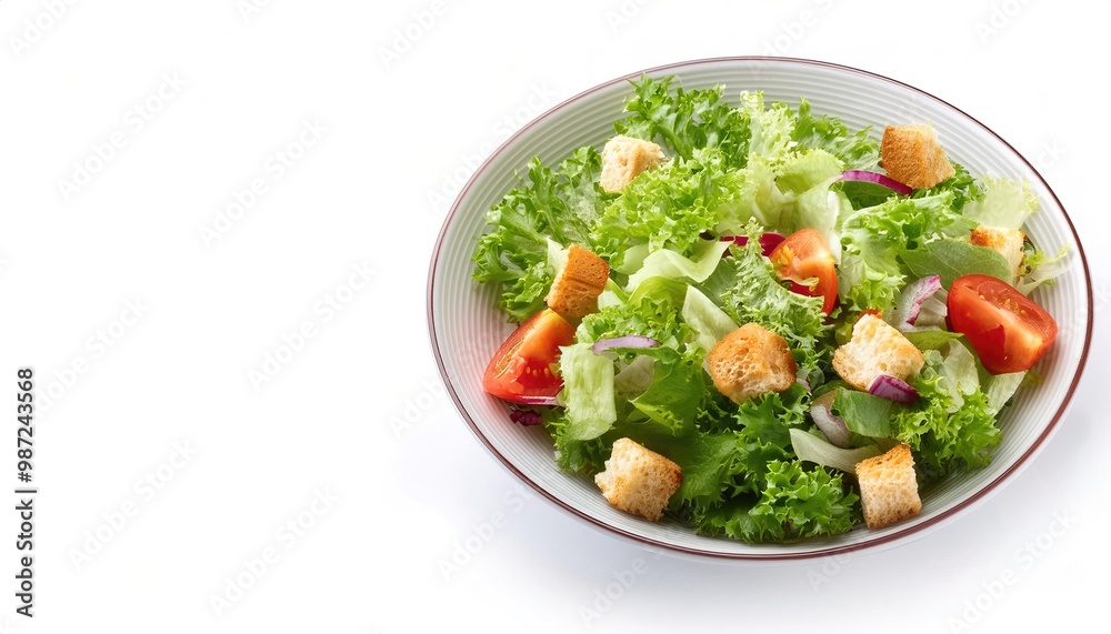 Garden salad is a base of leafy greens such as lettuce, arugula or rocket, kale or spinach and can contain other vegetables like tomato, cucumber, broccoli and have croutons or egg. Isolated on white Garden salad is a base of leafy greens such as lettuce, arugula or rocket, kale or spinach and can contain other vegetables like tomato, cucumber, broccoli and have croutons or egg. Isolated on white
