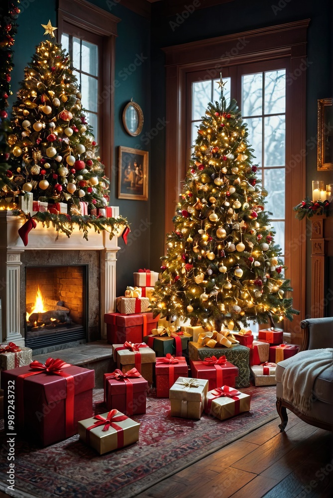 Interior christmas magic glowing tree fireplace gifts christmas background Interior christmas magic glowing tree fireplace gifts christmas background