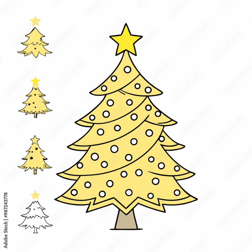Obraz premium Simple cartoon icon of a Christmas tree with yellow decorations and star on top 