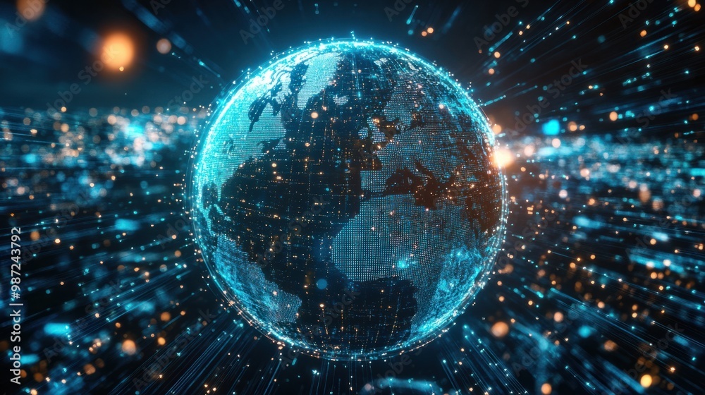 Obraz premium A globe surrounded by glowing data streams, symbolizing the flow of information across the world through digital means.