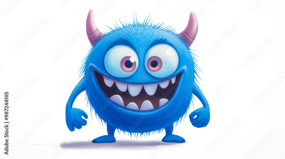 A blue monster with big teeth and horns is smiling A blue monster with big teeth and horns is smiling