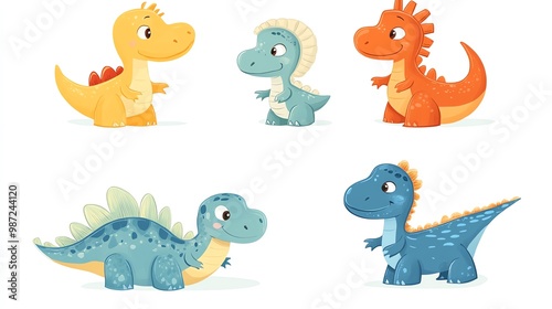 Cute Cartoon Dinosaurs Set  Illustration  Isolated  Character  Clipart  Kids  Child  Baby