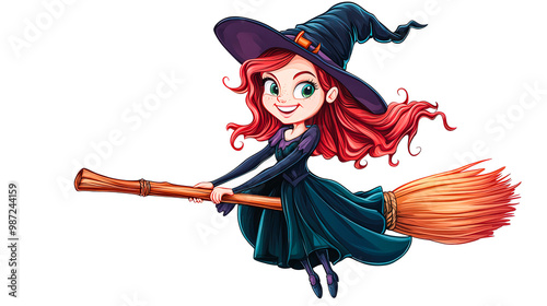 A young girl is flying on a broomstick