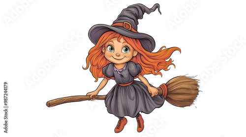 A girl in a witch costume is flying on a broomstick photo