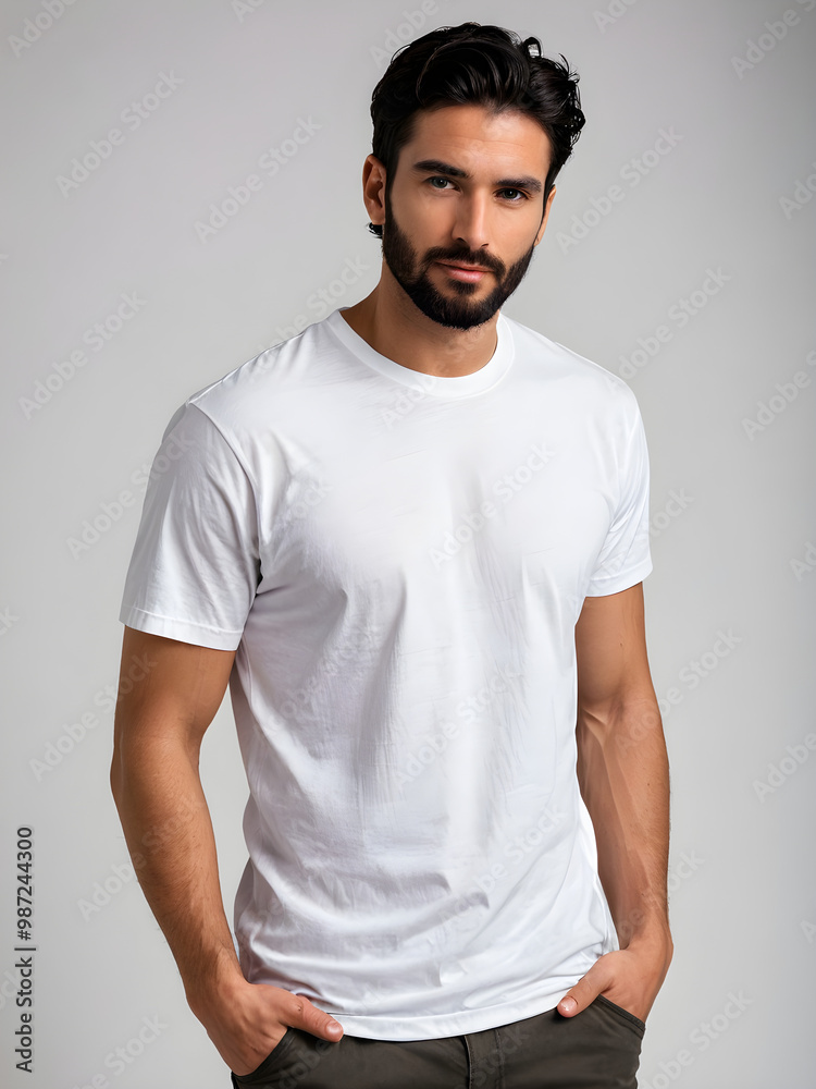 Man wearing white t-shirt isolated on a perfect background, closeup. Mockup for design. Generative AI Man wearing white t-shirt isolated on a perfect background, closeup. Mockup for design. Generative AI