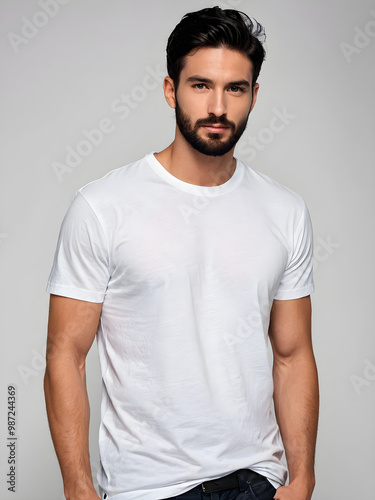 Man wearing white t-shirt isolated on a perfect background, closeup. Mockup for design. 