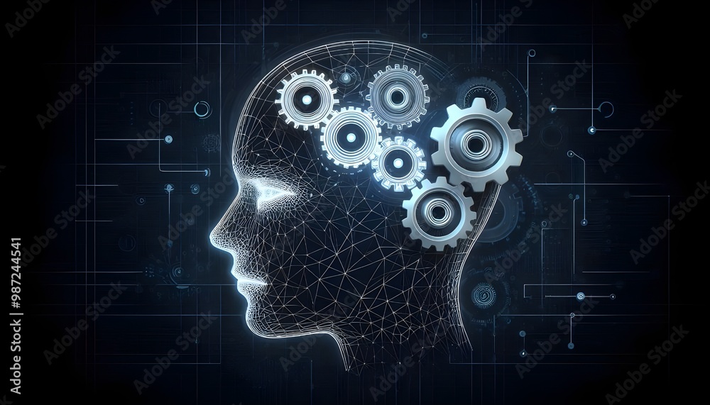 Creative head outline and cogs ai hologram on dark blue tech background with mock up place. Artificial intelligence and machine learning concept. 3D Rendering Creative head outline and cogs ai hologram on dark blue tech background with mock up place. Artificial intelligence and machine learning concept. 3D Rendering