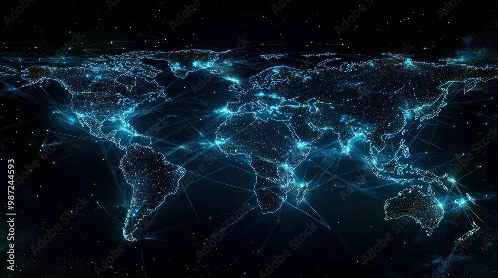 A holographic world map with interconnected nodes representing global data exchange and seamless communication. A holographic world map with interconnected nodes representing global data exchange and seamless communication.
