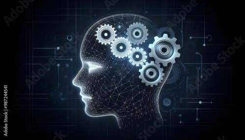 Creative head outline and cogs ai hologram on dark blue tech background with mock up place. Artificial intelligence and machine learning concept. 3D Rendering