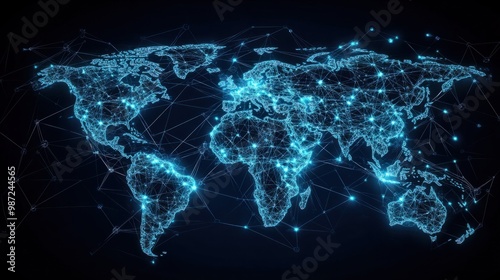 A holographic world map with interconnected nodes representing global data exchange and seamless communication.