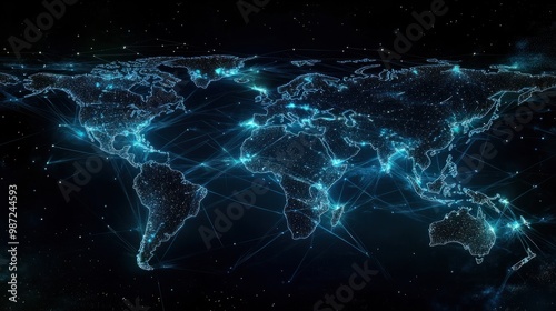 A holographic world map with interconnected nodes representing global data exchange and seamless communication.