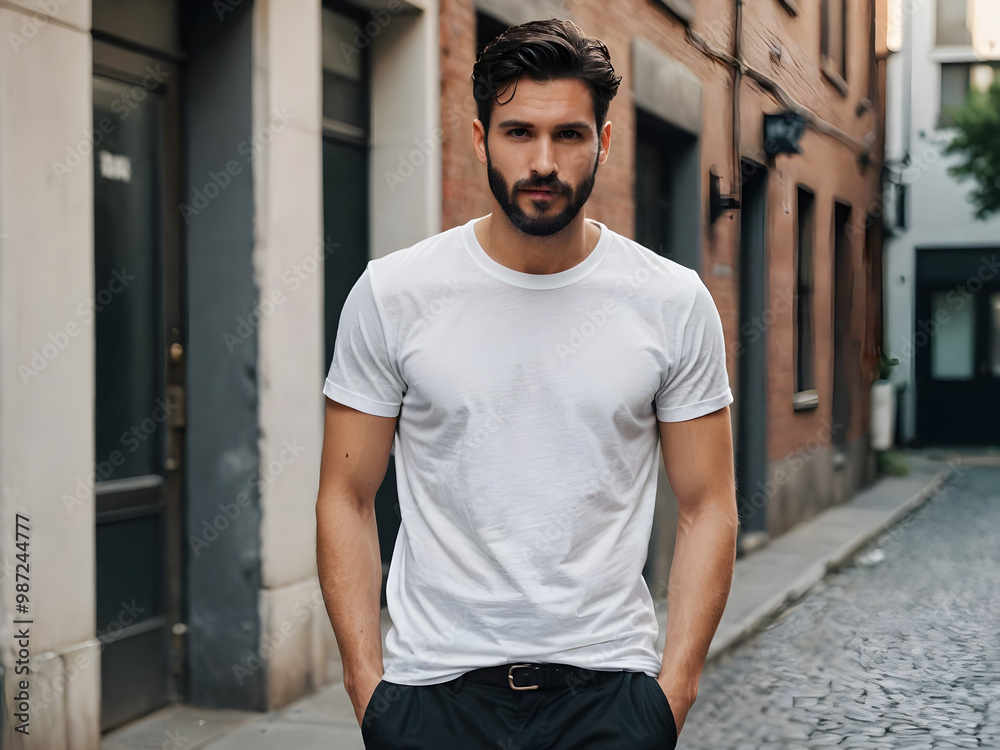 Man wearing white t-shirt isolated on a perfect background, closeup. Mockup for design. Generative AI Man wearing white t-shirt isolated on a perfect background, closeup. Mockup for design. Generative AI